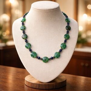 Handmade Millefiori Lampwork Glass Beaded Blue Green Floral Statement Necklace
